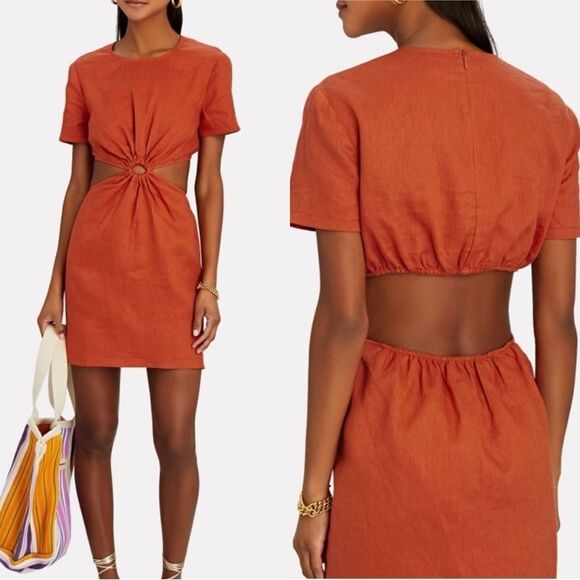 Staud Epona Cut-Out Linen Mini Dress in Burnt Orange